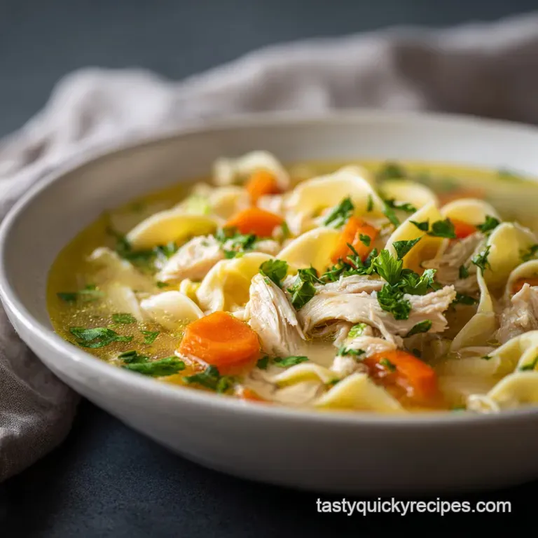 Elegant bowl of creamy chicken noodle soup, garnished with parsley, next to a crusty bread roll and a silver spoon.