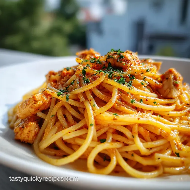 A generous forkful of creamy chicken spaghetti lifted from a plate, steam rising. Parsley garnish.