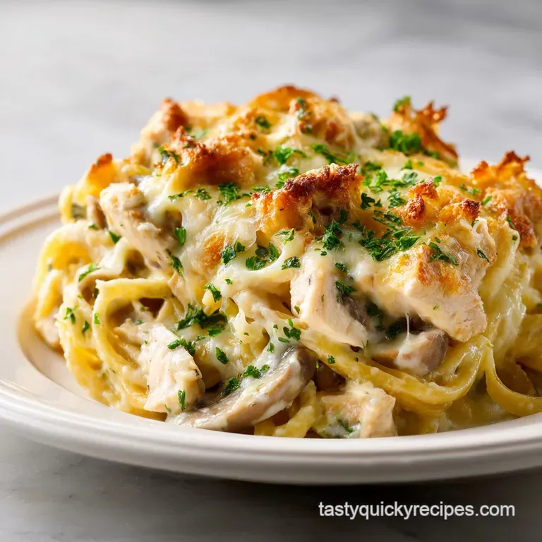 Single serving of steaming tetrazzini in a white bowl. Toasted breadcrumb topping, creamy sauce, parsley garnish on the side.