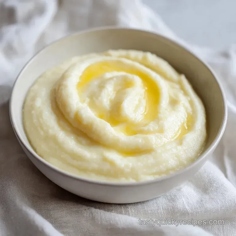 A smooth swirl of white vegetable puree on a ceramic plate, garnished with a sprig of thyme and cracked black pepper.