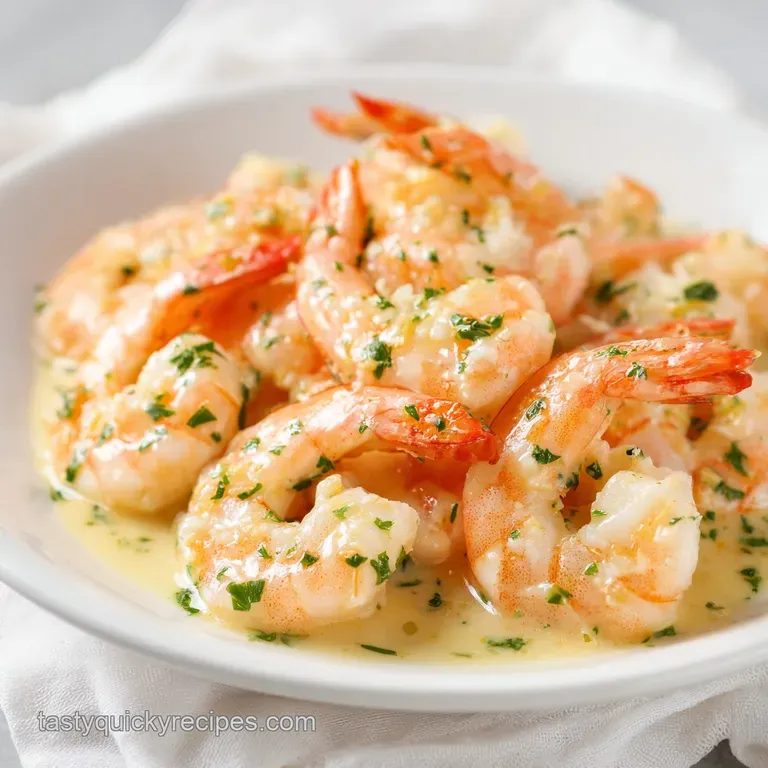 Golden shrimp coated in a velvet white sauce, served in a shallow white dish with a fresh lemon slice on the side.