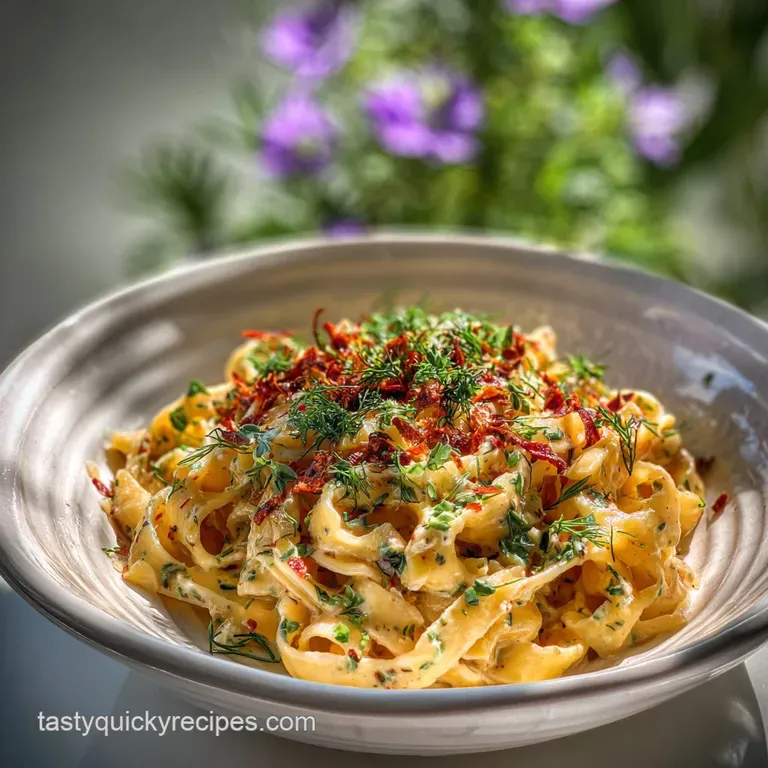 Elegant plate of creamy herb pasta. Garnished with fresh basil and a drizzle of olive oil. Steam rises gently.