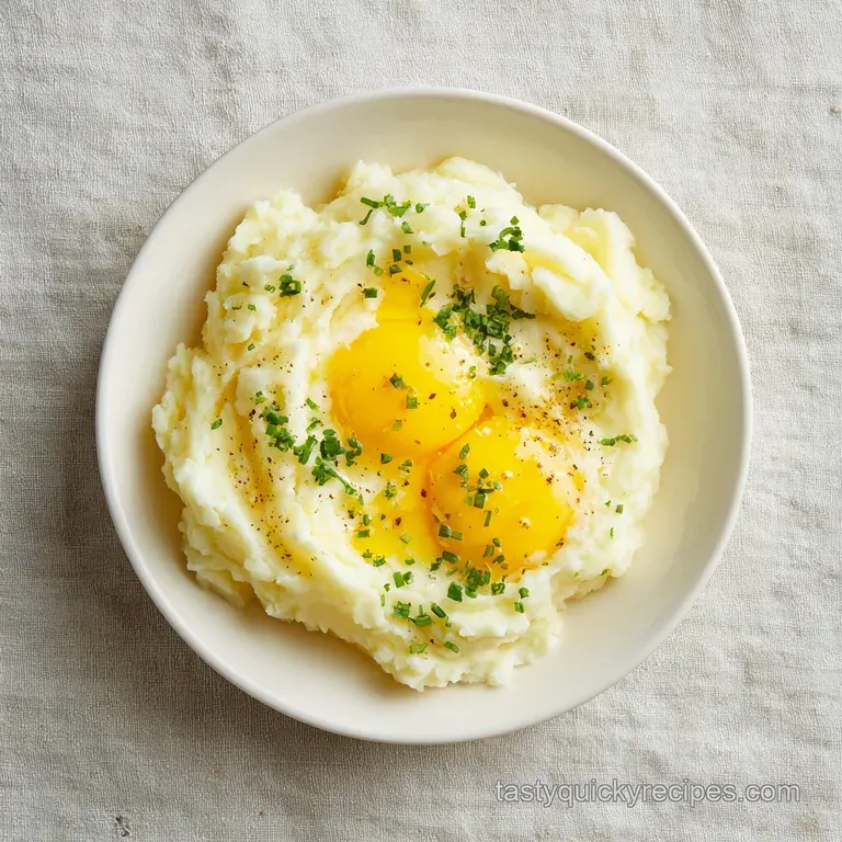 A smooth mound of creamy mashed potatoes, drizzled with melted butter and herbs, sits next to a fork on a white plate.