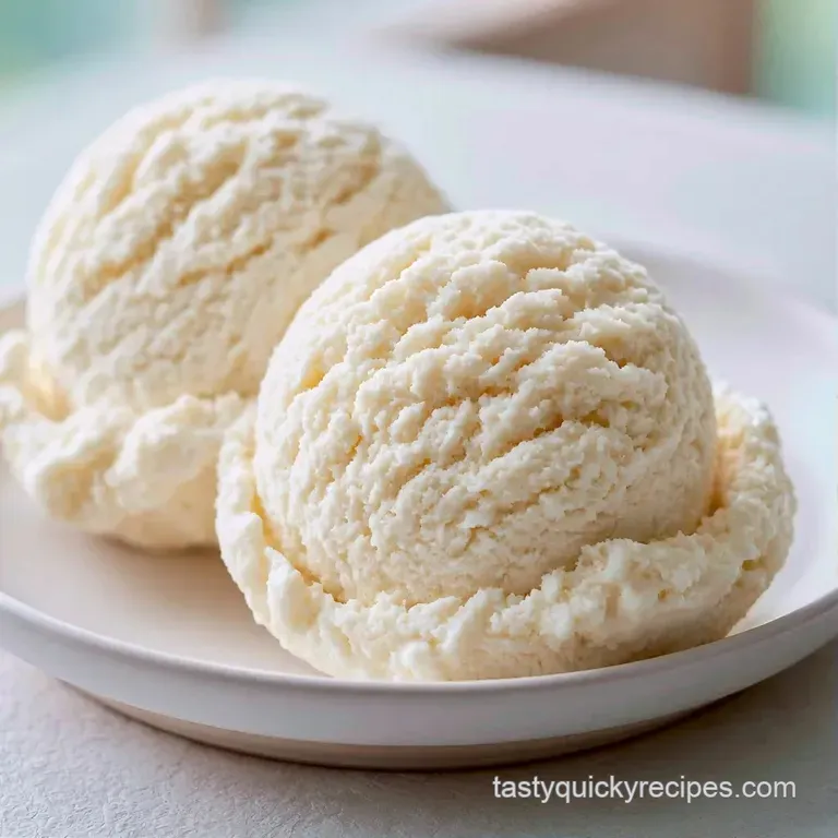 Three perfect scoops of ivory ice cream topped with a fresh mint leaf and golden syrup on a white marble slab.