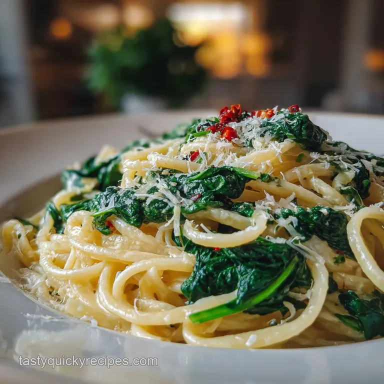 Elegant plate of swirling spinach pasta, topped with cracked black pepper and vibrant green spinach leaves for fresh garnish.
