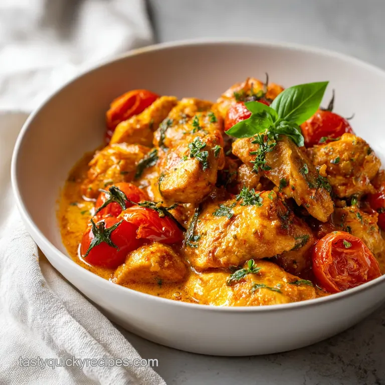 A perfectly plated Tuscan chicken dish, with a swirl of creamy sauce, bright red tomatoes, and fresh green herbs.