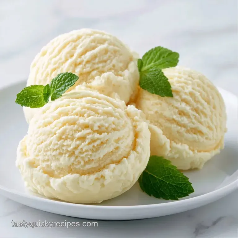 A single scoop of pale cream dessert in a crystal glass, topped with a fresh mint leaf and a crisp wafer cookie.