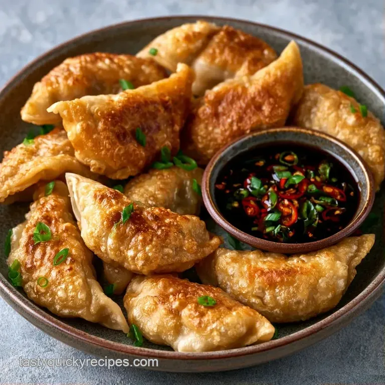 Platter of golden seared dumplings paired with a side of dark soy dipping sauce and fresh sliced green onions.