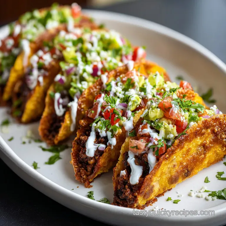 Stacked baked tacos with a creamy drizzle and chopped cilantro, showcasing the crispy shells and vibrant fillings on a plate.
