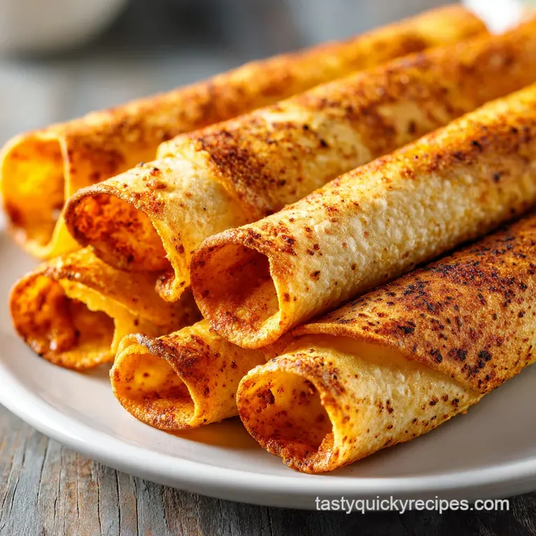 Chicken taquitos plated elegantly, topped with shredded lettuce, diced tomatoes, a drizzle of cream, and a sprinkle of chi...