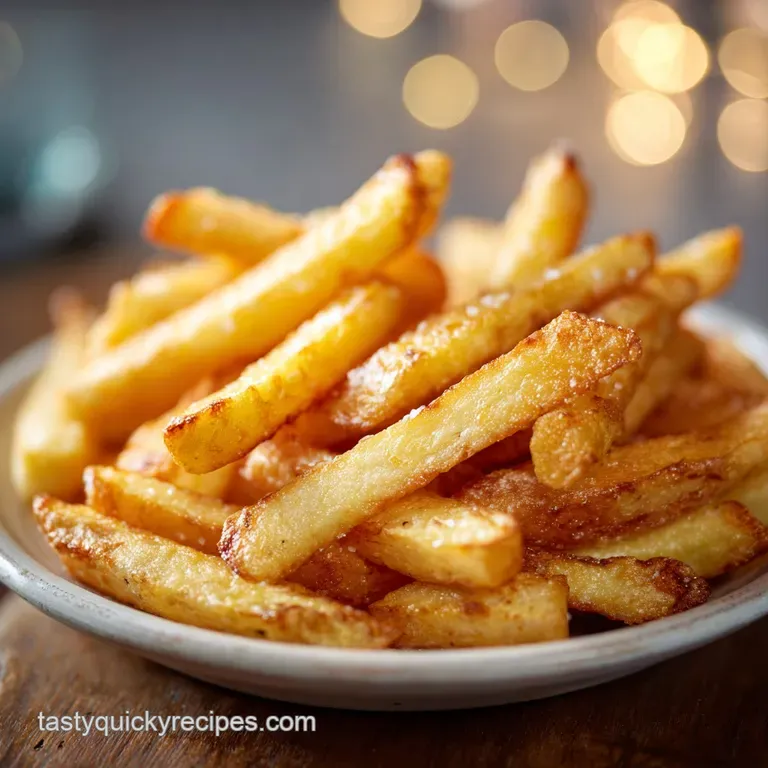 Tall stack of perfectly golden fries in a metal basket, seasoned and ready to eat; bright, appetizing restaurant style.