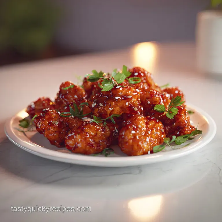 Glossy, deep-red General Tso's chicken piled high on white rice, garnished with sesame seeds and bright green broccoli flo...