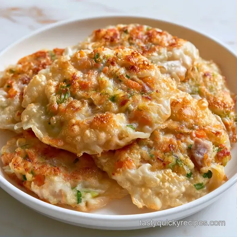 Several translucent dumplings arranged in a circle around a small bowl of amber dipping sauce and green scallions.