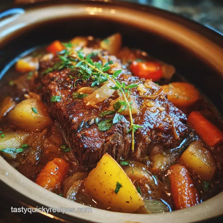 Tender, shredded beef plated over creamy mashed potatoes, drizzled with dark gravy. Sprigs of parsley add fresh green color.