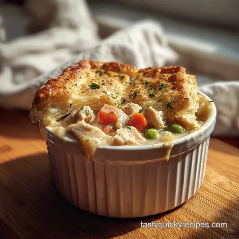 Flaky, golden pot pie wedge on a white plate; steam rising. Chicken and veggie filling spilling out, inviting warmth.