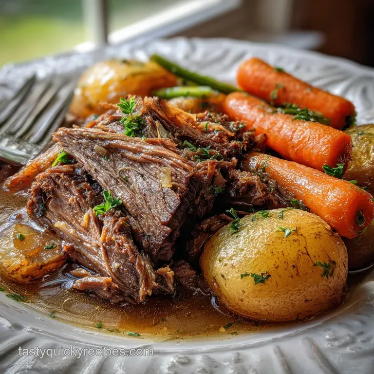 Juicy pot roast slices drizzled with savory gravy, artfully arranged with colorful carrots and potatoes, ready to serve on...