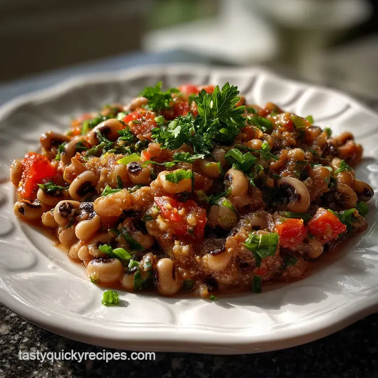 Creamy Hoppin' John served elegantly on a white plate, with a side of cornbread and a sprig of parsley. Rustic, yet refined.
