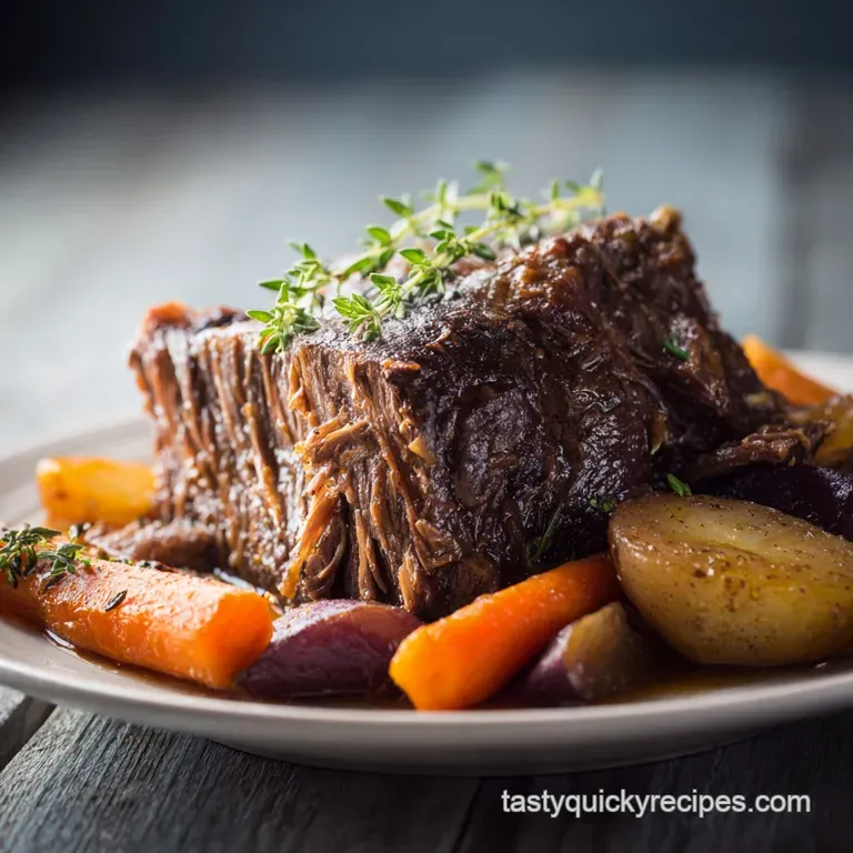 A single serving of juicy pot roast, nestled among glazed carrots and fluffy potatoes, glistening with savory juices on a ...