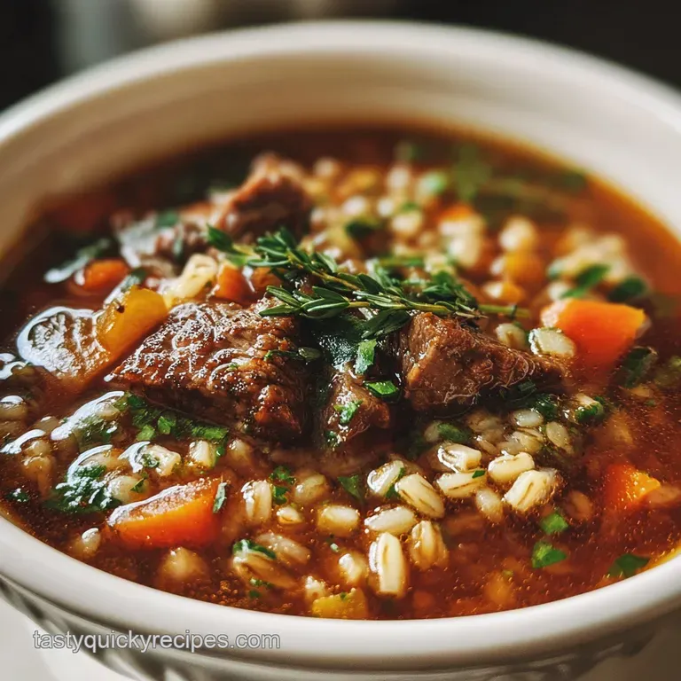 Steaming bowl of beef barley soup, garnished with fresh parsley, highlights the comforting, rustic appeal and warm colors.