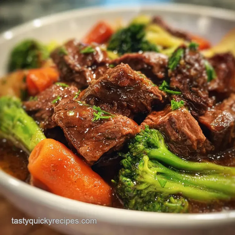 Elegant plate of slow-cooked beef and vegetables, glistening with rich gravy, accompanied by a sprig of fresh parsley.
