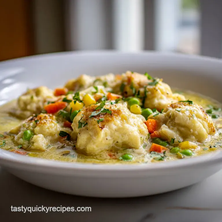 Elegant serving of glistening chicken and dumplings in a white bowl, garnished with fresh herbs and cracked pepper.