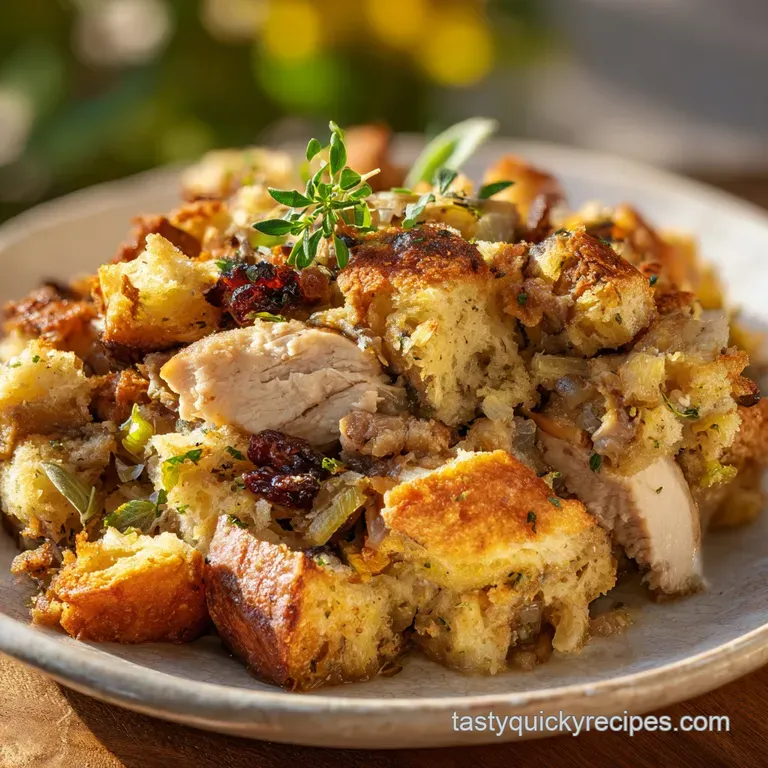 Plated chicken and stuffing with fresh herbs and cranberry sauce. The glistening sauce creates a mouthwatering visual.