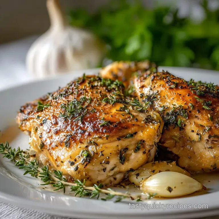 Plated chicken thigh with a side of fluffy mashed potatoes, bright green steamed beans, and a generous drizzle of savory p...