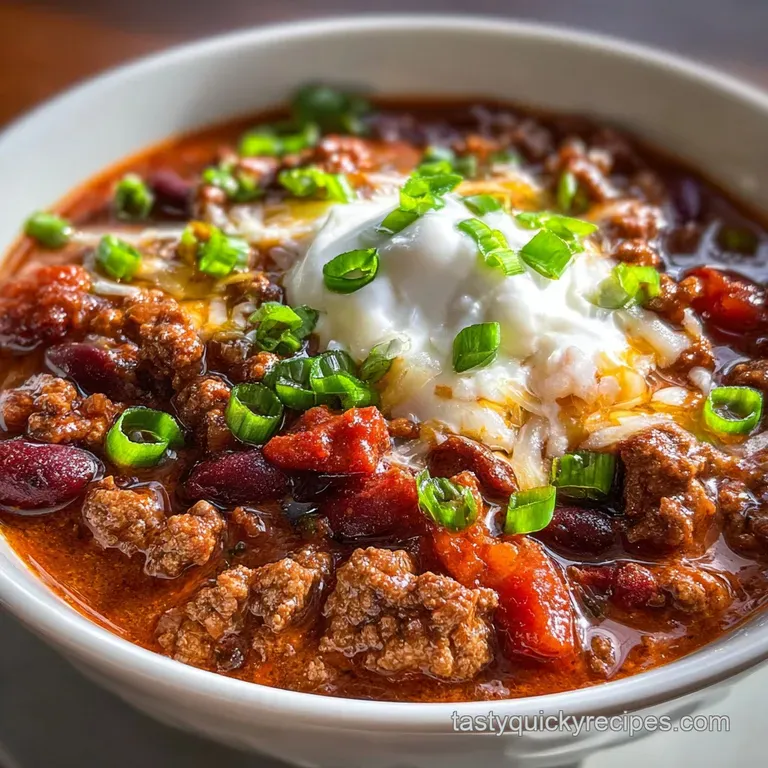 Hearty bowl of chili topped with shredded cheddar, a dollop of sour cream, and fresh green onions. A comforting and warm m...