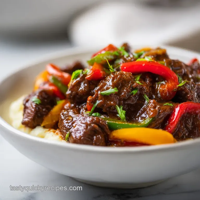 A steaming mound of savory pepper steak served with fluffy white rice and a sprinkle of fresh parsley.