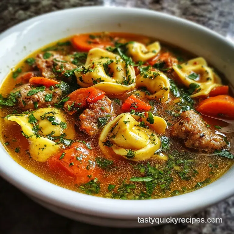 Creamy tortellini soup artfully arranged in a bowl, garnished with fresh parsley and a swirl of cream for an elegant, rust...