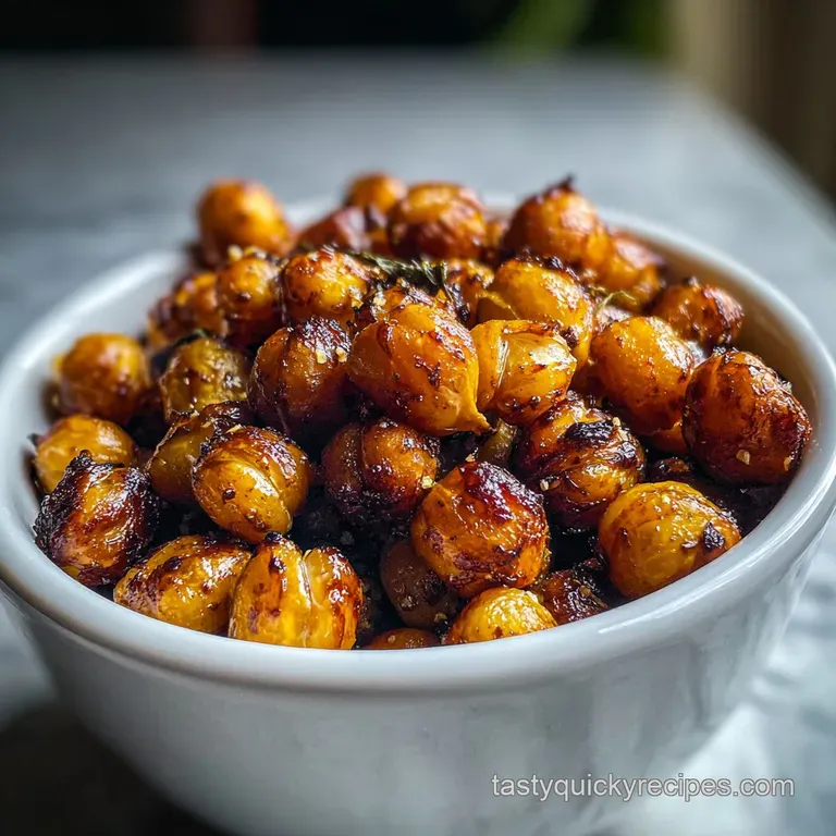 Pile of crispy roasted chickpeas in a small white bowl. Lightly seasoned, with a delicious, healthy snack option. Warm tones.