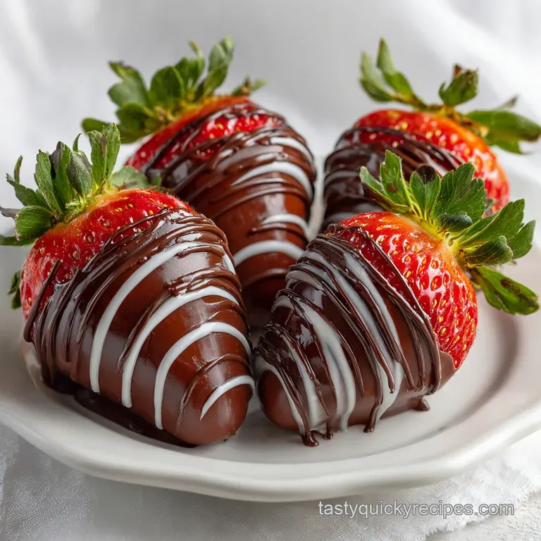 Elegant tower of dark chocolate dipped strawberries on a white plate. Shiny, perfect, and ready to eat!