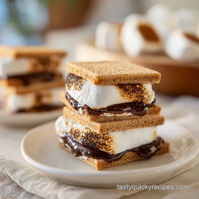 Two perfectly toasted s'mores stacked high, chocolate oozing from golden graham crackers.