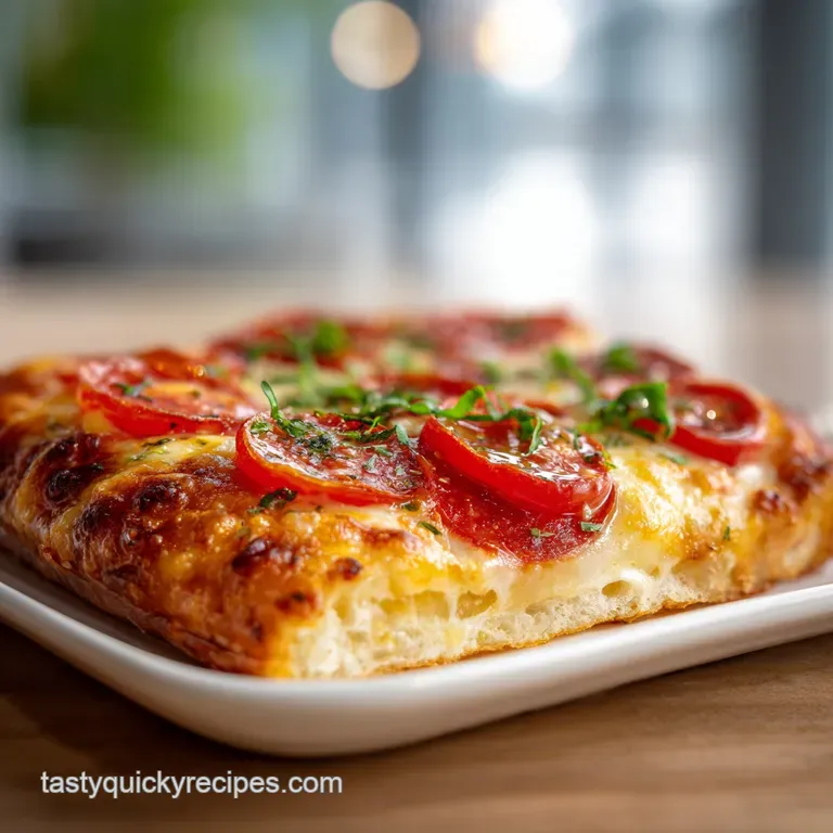 A generous slice of bubbly, cheesy pizza on a rustic wooden board with a scattering of fresh herbs.