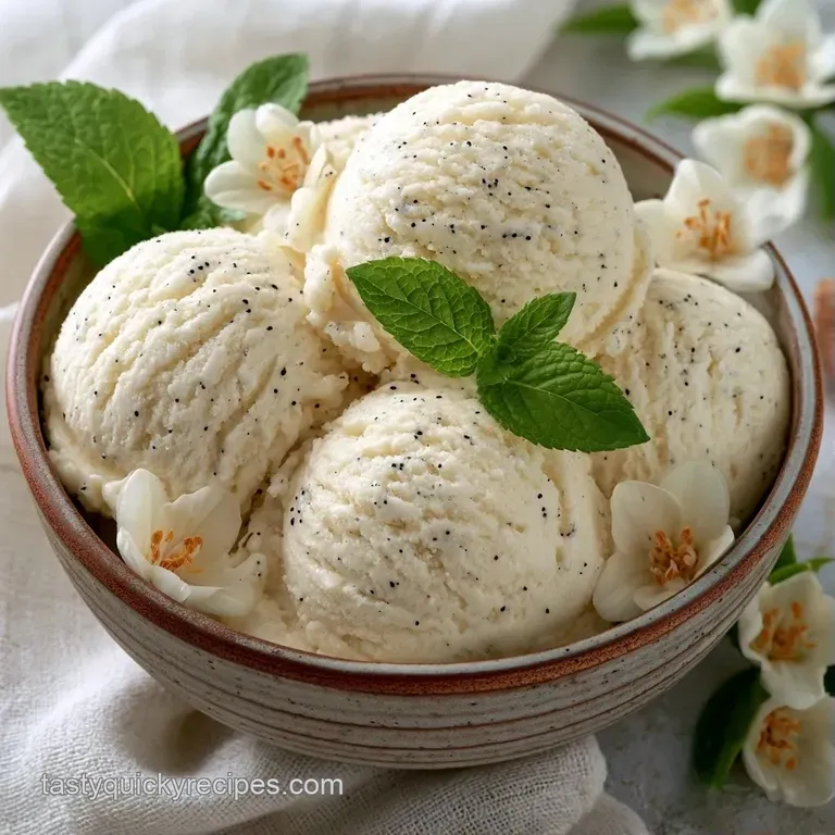 Elegant glass bowl of smooth white frozen dessert topped with a fresh mint leaf and a drizzle of golden syrup.
