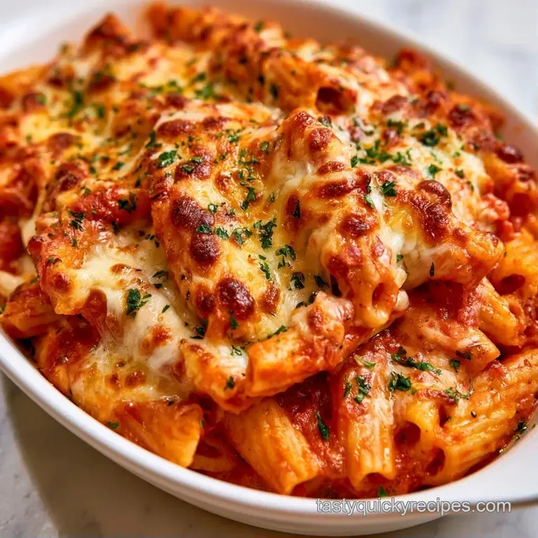 A hearty scoop of cheesy pasta with rich tomato sauce on a white ceramic plate, garnished with fresh green parsley.
