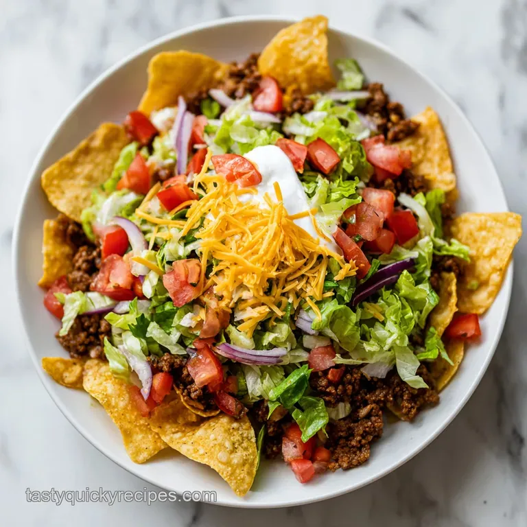 A colorful mound of taco salad artfully arranged in a bowl, garnished with avocado and a dollop of sour cream.