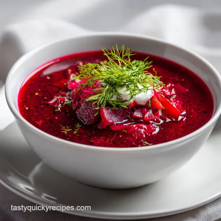 A rustic, steaming bowl of deep crimson borscht, garnished with fresh dill and a swirl of cr&egrave;me fra&icirc;che.