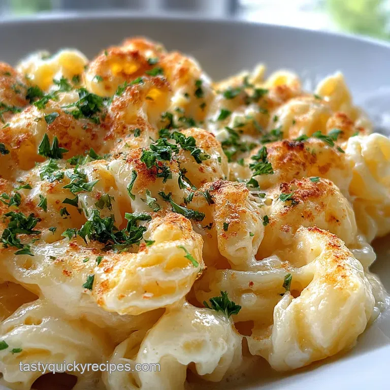 A swirl of cheesy pasta garnished with fresh parsley, glistening with melted cheese, served on a rustic ceramic plate.