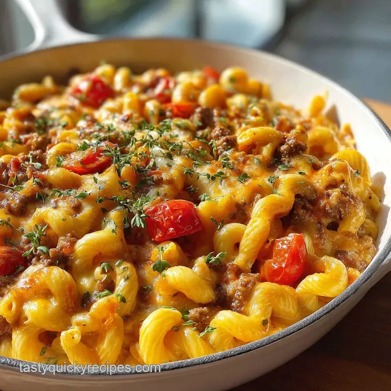 A single serving of cheeseburger pasta, piled high, glistening with sauce and topped with fresh parsley on a white plate.