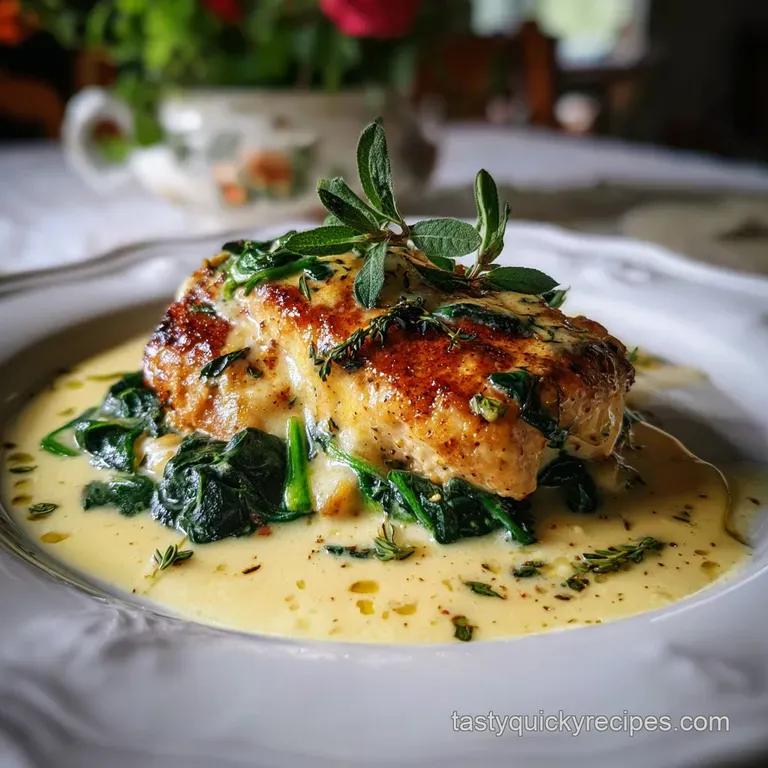 Tender chicken Florentine glistening on a white plate, vibrant green spinach peeking through the creamy sauce. Fresh, brig...
