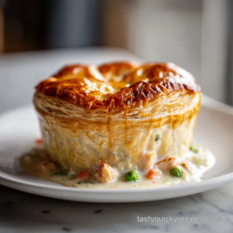 A slice of golden-brown chicken pot pie, with tender chicken and vegetables nestled in a rich, creamy sauce, plated elegan...