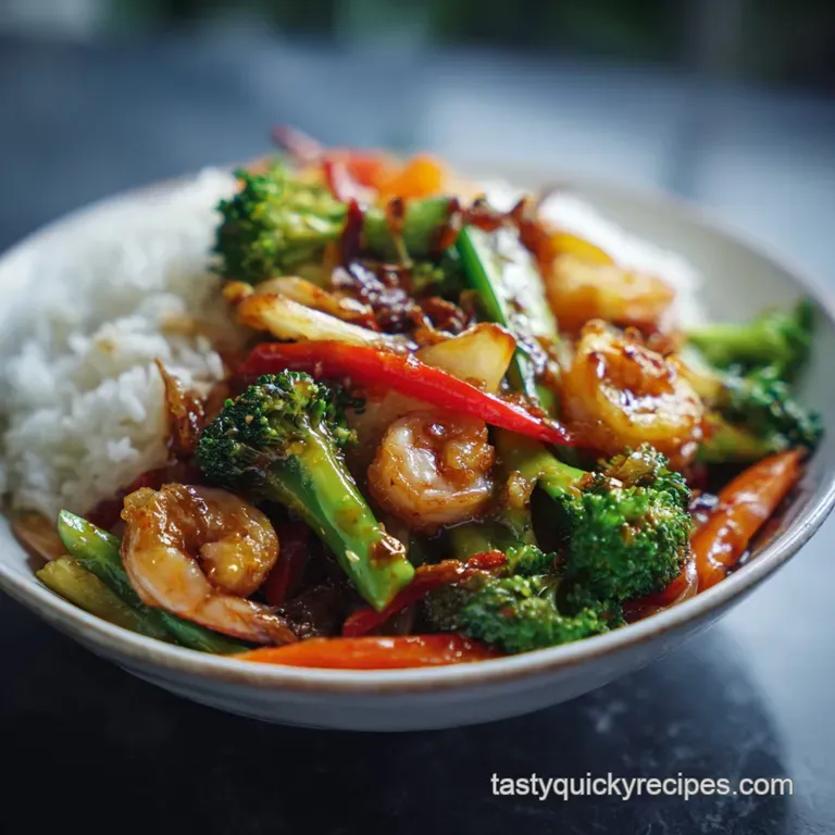 Elegant plate of stir-fry. Tender chicken pieces nestle among glossy vegetables, sprinkled with sesame seeds and scallions...
