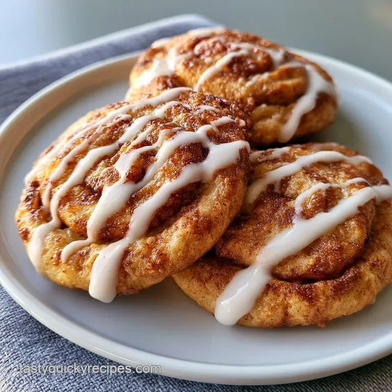 A stack of swirl-patterned cookies on a white ceramic plate, drizzled with sweet glaze and dusted with cinnamon