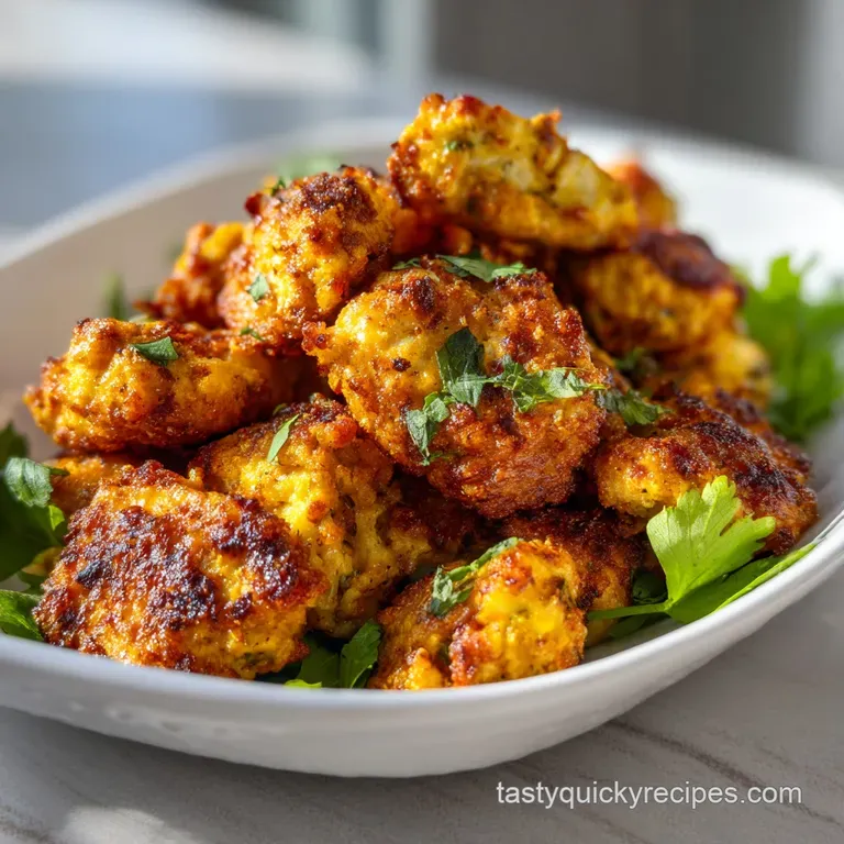 Crispy chicken pieces artfully arranged on a white plate, vibrant green parsley garnish, light & airy.