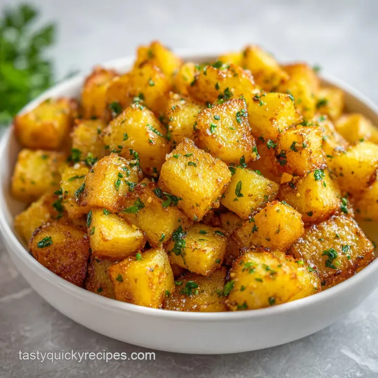 Fluffy roasted potatoes piled high on a rustic white plate, garnished with chopped parsley.