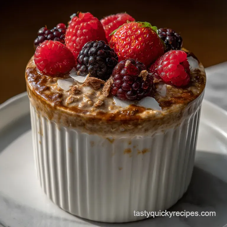 Elegant serving of chilled overnight oats in a clear glass. A thick, velvety texture is revealed, topped with vibrant, fre...