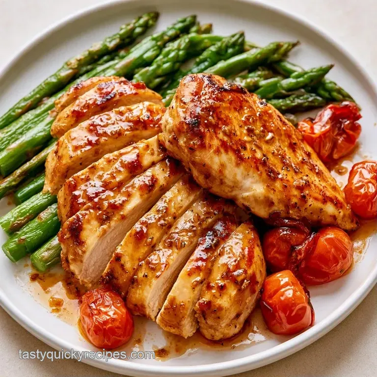 Sliced roasted chicken breast on a white plate with vibrant green peas and a drizzle of glossy brown gravy.