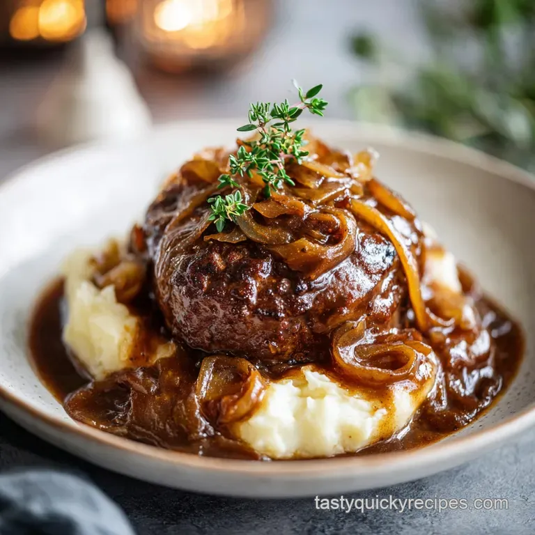 Single Salisbury steak smothered in savory onion gravy, plated with creamy mashed potatoes and vibrant green beans.