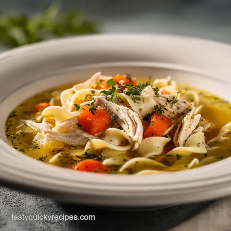 A steaming bowl of comforting chicken noodle soup, garnished with fresh parsley, and served with crusty bread on a linen n...